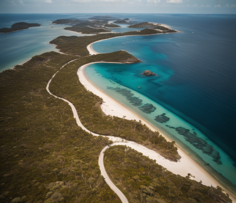 Aerial view of serpentine road along tropical islands coastline near Punta Gorda FL