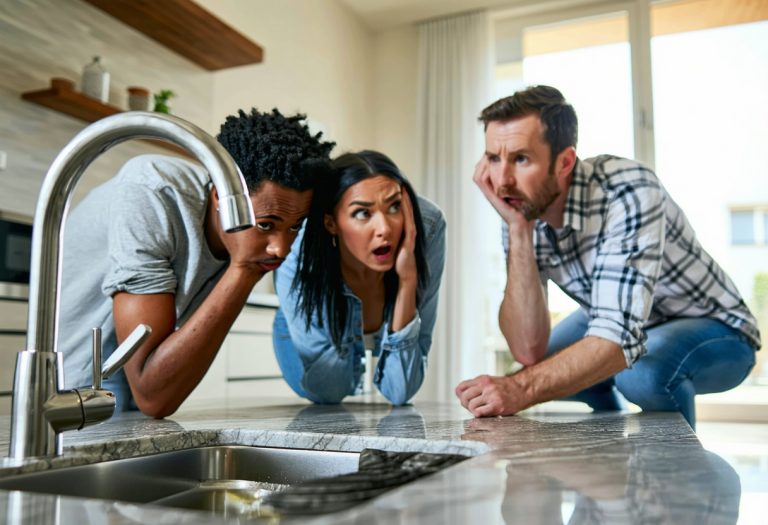 Three people concerned about kitchen sink leak.