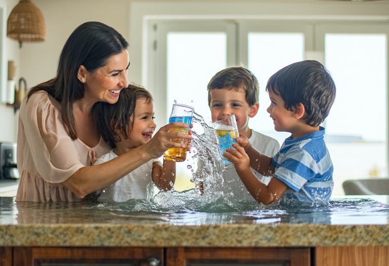 Family splashing water with drinks, laughing joyfully.